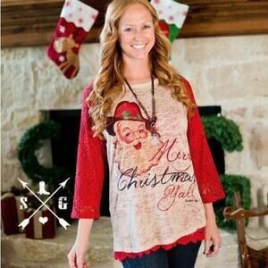 SOUTHERN GRACE • Red 3/4 Sleeve Merry Christmas Y’all Santa Boutique Top